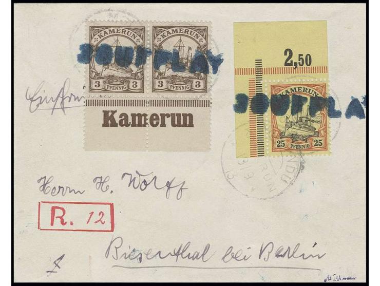 "SOUFFLAY", großer Elfenbein-Stempel in blau, 2x klar auf Einschreibe-Brief mit Kaiseryacht 25 Pfg. (aus der linken oberen Bo