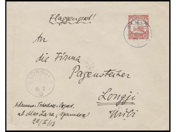 1913, FLAGGENPOST: 10 Pfg. mit blauem Stempel "BANJO KAMERUN 29.1.13" auf Umschlag mit Absendervermerk vom Expeditionsleiter 