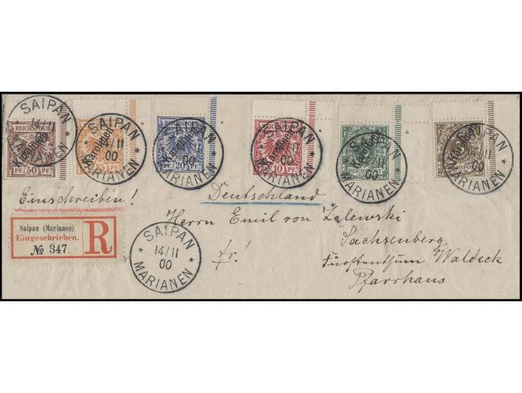  50 Pfg. und 20 Pfg. zusammen mit Steilaufdruck 3-10 und 25 Pfg., alle mit rechtem Seitenrand und Zwischenstegansatz oben, je