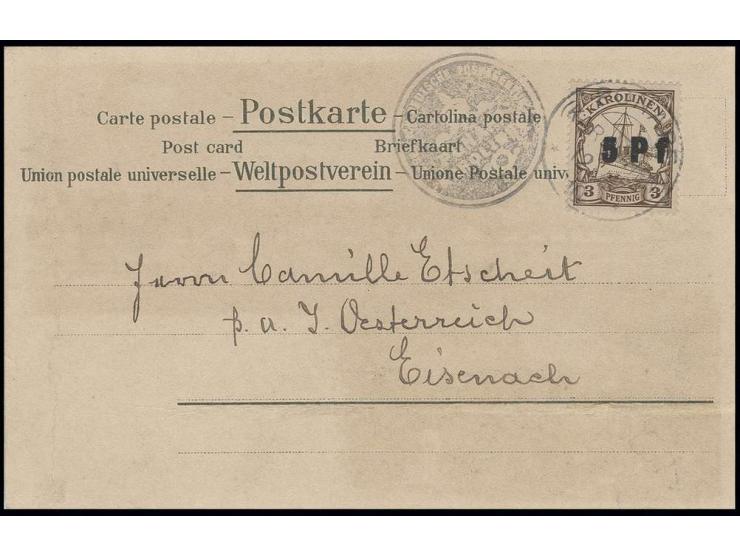 5 Pf. auf 3 Pfg. mit Stempel "PONAPE 12/7" auf Karte nach Eisenach, Karte im unteren Drittel starken waagrechten Bug, sonst g
