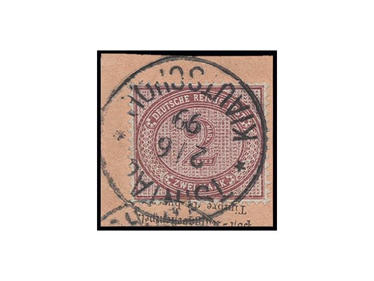 Vorläufer Deutsches Reich: 2 M. dunkelrotkarmin mit vollem Stempel "TSINTAU * KIAUTSCHOU 2/6 99" auf Postabschnitt, Kabinett,