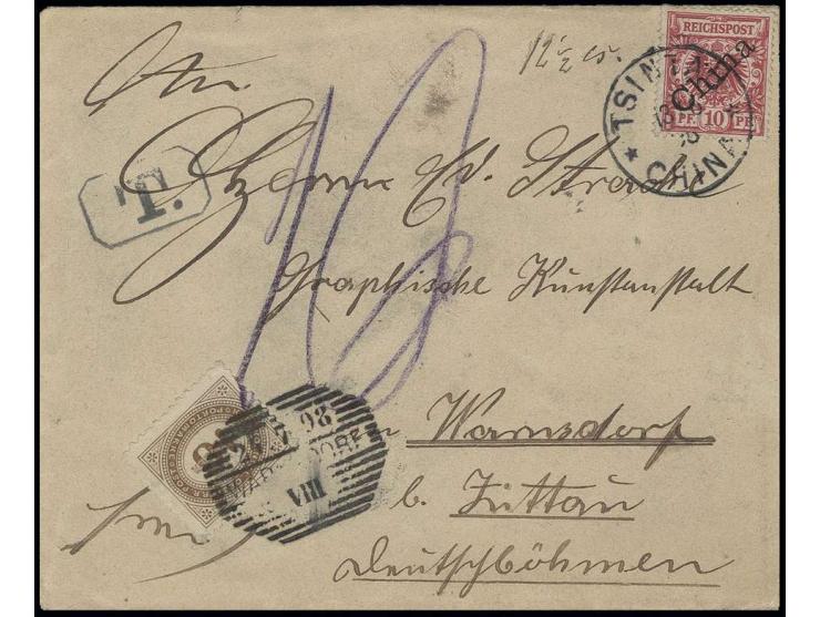 Vorläufer DP China: 5 Pfg. mit Stempel "TSINTAU CHINA ** 13.6." auf unterfrankiertem Brief mit Ra1 "T" und Taxe "10" nach War