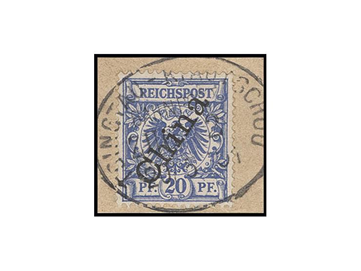 20 Pfg. mit Bahnpoststempel "TSINGTAU-KIAUTSCHOU ZUG 2 20.5.01" auf kleinem Briefstück, Pracht, sign. Dr. Lantelme (Dr. Steue