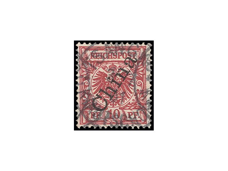 Mitläufer: 10 Pfg. lilarot mit Stempel "TSANGKOU 3.7.01", seltener Stempel und Marke in fehlerfreier Erhaltung, Kurzbefund Jä