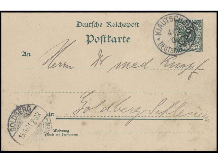 Ganzsachenkarte China 5 Pfg. mit Steilaufdruck und auf dieser Karte seltenem Stempel "KIAUTSCHOU 4.2.01" mit Aushilfsjahresza