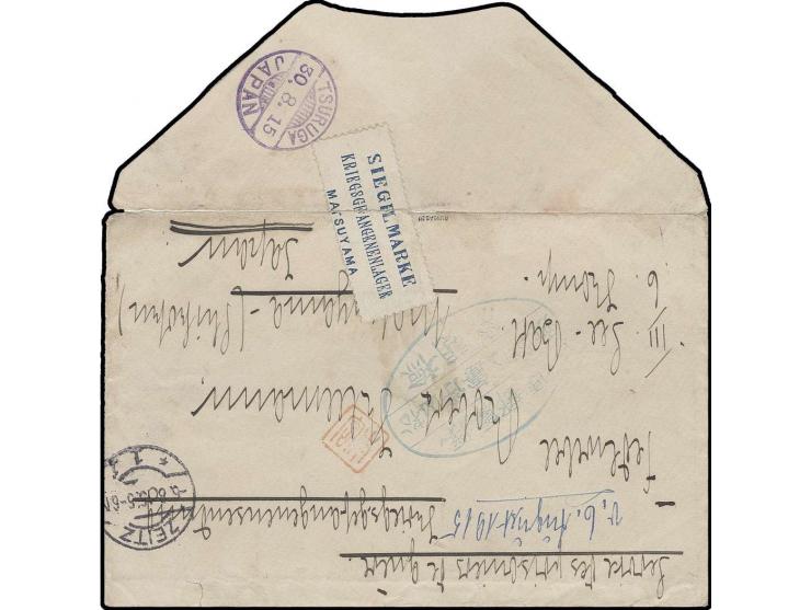 MATSUYAMA: 1915, Brief von "ZEITZ 6.8." via Tsuruga in das Lager mit grünem Lagerstempel und Han Motomiya sowie Siegelmarke d