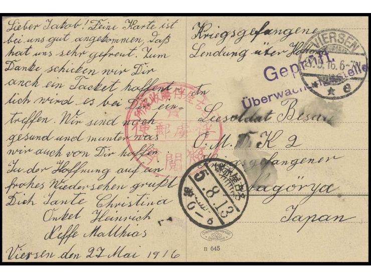 1916, Karte von "VIERSEN 27.5.16" an den Seesoldaten Jakob Besau (O.M.D.K2) in das Lager mit deutscher Zensur "Geprüft" und "