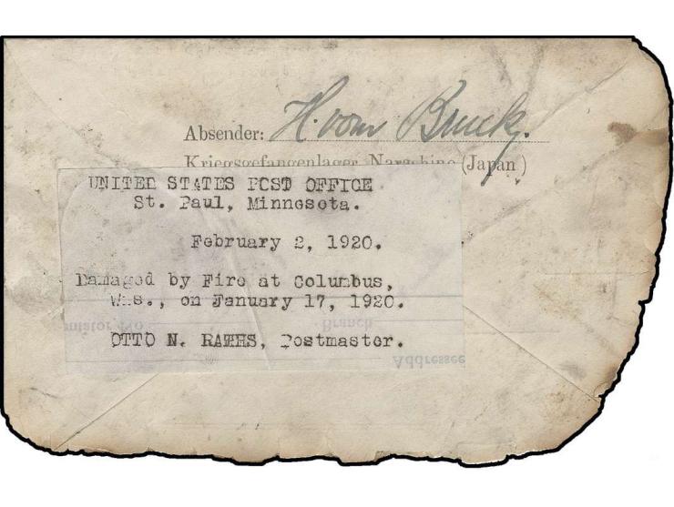 NARASHINO: 1919, "UNITED STATES POST OFFICE St. Paul...February 2. 1920. Damaged by Fire at Columbus...Postmaster"-Aufkleber 