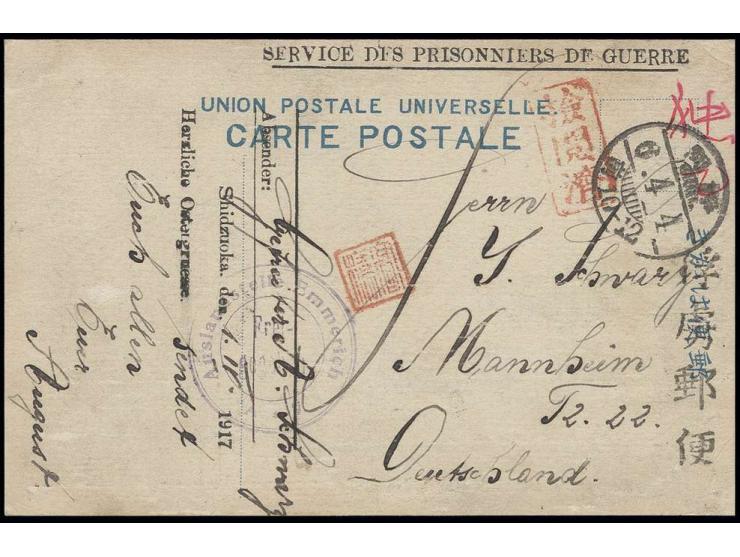 1917, Ansichtskarte mit Zudruck "Shidzuoka, den  1917 Herzliche Ostergruesse" von "SHIZUOKA 4.4." mit Einzelstempel Furyoyubi