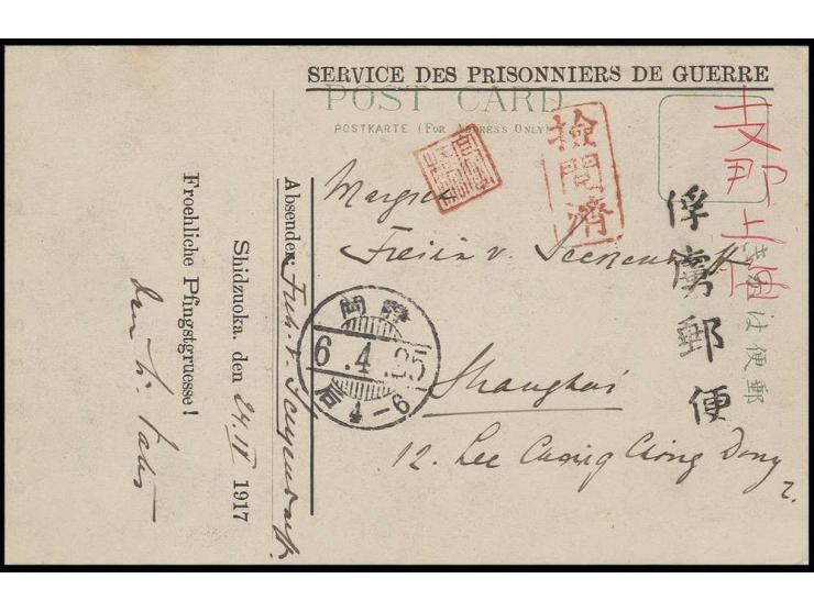 1917, Ansichtskarte mit Zudruck "Shidzuoka, den 1917 Froeliche Pfingstgruesse!" von "SHIZUOKA 25.4." Einzelstempel Furyoyubin