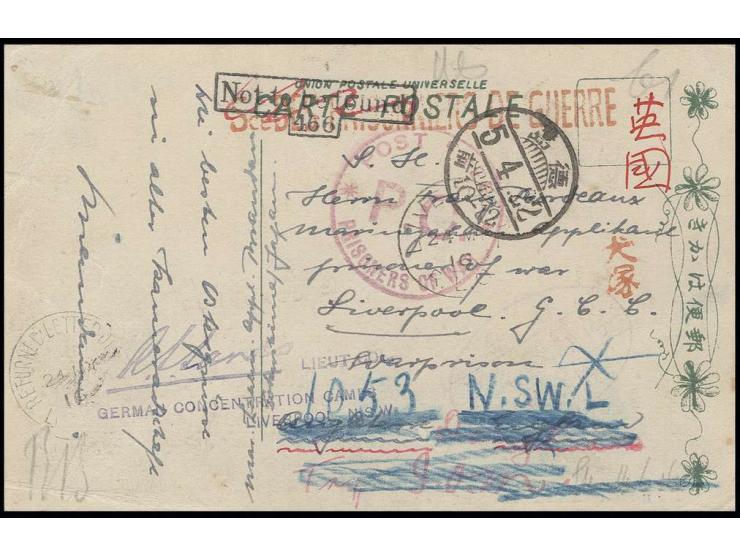 1916, schwacher Abschlag des Lagerstempels auf Ansichtskarte (Lageransicht vom Park gesehen) von "TOKUSHIMA 22.4." mit Han In