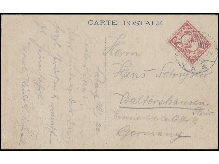 1920, Heimfahrt mit der Kifuku Maru, Ansichtskarte mit Grutext und Freimarke 5 C. hellrosa von "SEBANG 20.1." nach Deutschlan