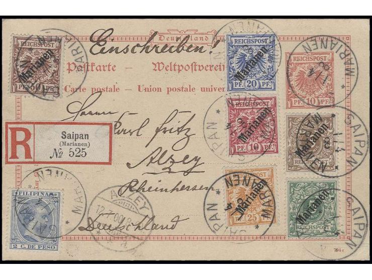 1899, diagonaler Aufdruck: 3-50 Pfg. mit zeitgerechtem Stempel "SAIPAN 1/4 00" auf eingeschriebener Ganzsachenkarte 10 Pfg. m