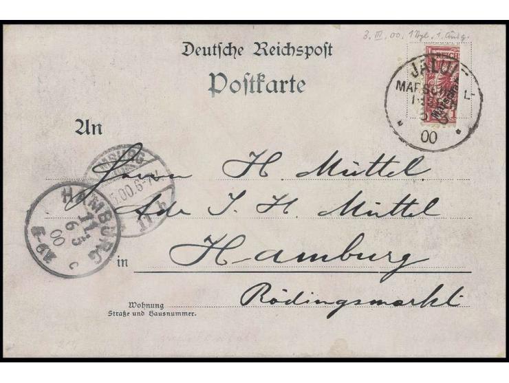 10 Pfg., senkrecht halbiert mit Stempel "JALUIT 3 3 00" auf Postkarte nach Hamburg, rückseitig etwas fleckig, Kabinett, sign.