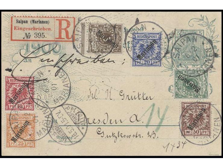  20 Pfg. mit Zufrankatur mit Stempel "SAIPAN 6/2 01" auf eingeschriebener Jahrhundertkarte nach Dresden, vorder- und rückseit