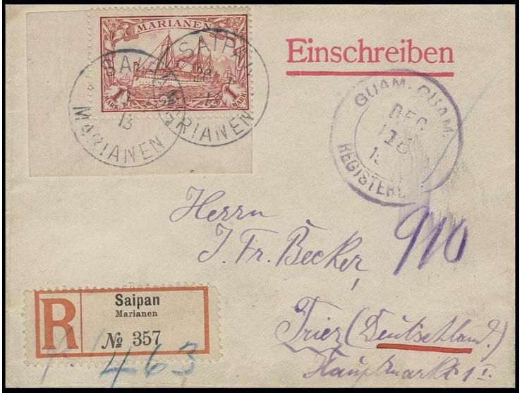 1 M., linke untere Bogenecke mit Stempel "SAIPAN 20/11 13" auf kleinem R-Brief nach Trier mit vorderseitigem Durchgangsstempe