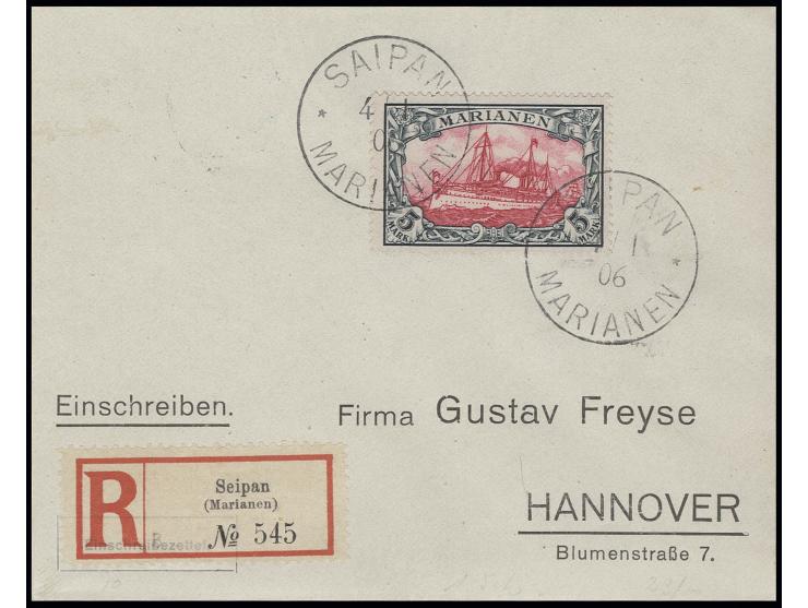 5 M. mit Stempel "SAIPAN 4/1 06" auf Freyse-R-Brief nach Hannover mit Ankunftsstempel