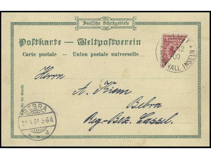 1899, 10 Pfg., diagonal halbiert mit klarem Stempel "JALUIT 4/12 00" auf Ansichtskarte nach Bebra mit Ankunftsstempel; außerh