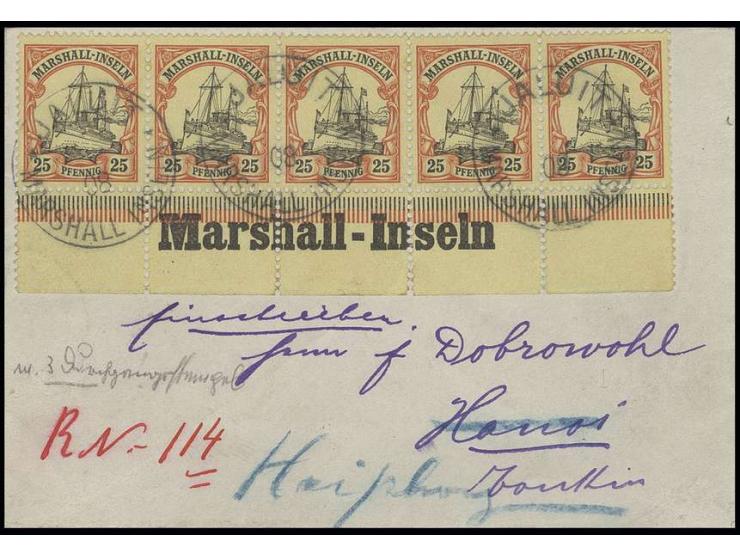 25 Pfg. im Unterrand-5er-Streifen mit Inschrift "Marshall-Inseln" auf kleinem R-Brief mit handschriftlicher roter R-Nr. nach 