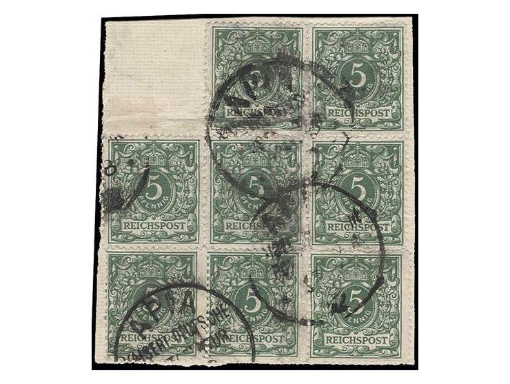 Vorläufer: 5 Pfg. grün im 5er-Block und 3er-Streifen, als 8er-Block geklebt mit Stempel "APIA 17.8.92" auf Leinen-Briefstück,