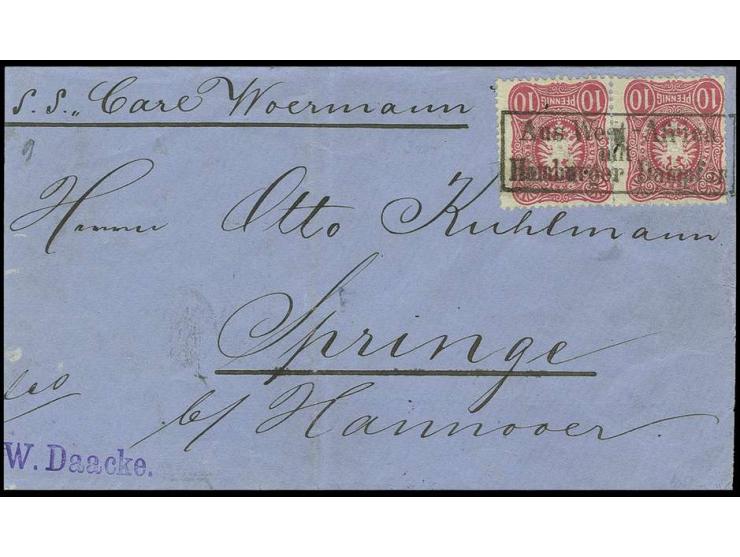 1885, "Aus West-Africa mit Hamburger Dampfer", klarer Ra3 auf waagerechtem Paar 10 Pfg. auf kleinem Briefkuvert mit Absenders