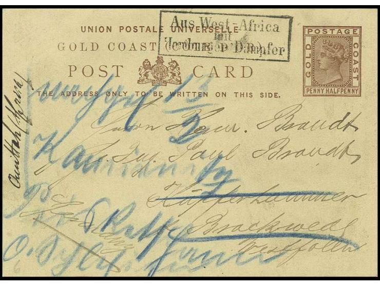 1886, "Aus West-Africa mit Hamburger Dampfer", klarer Ra3 auf Ganzsachenkarte Goldküste ½ P. braun von Quittah 1886, mit lang