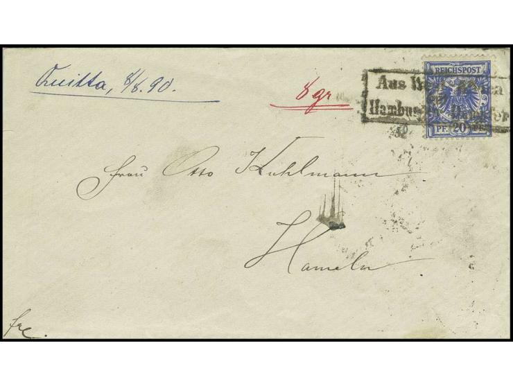 1890, "Aus West-Afrika mit Hamburger Dampfer", Ra3 auf Krone/Adler 20 Pfg. blau auf Briefumschlag mit handschriftlichem Aufga