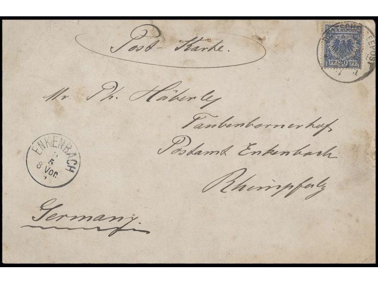 1894, dekorative Speisekarte des R.P.D. "Reichstag" der DOA-Linie vom 21.4.94, frankiert mit DR 20 Pfg. und Stempel "DEUTSCHE