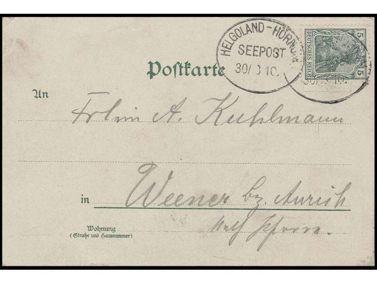 1910, "HELGOLAND-HÖRNUM SEEPOST 30/8 10" auf Germania 5 Pfg. auf Karte (farbiges Litho "Gruss aus Nordseebad Amrum") nach Wee