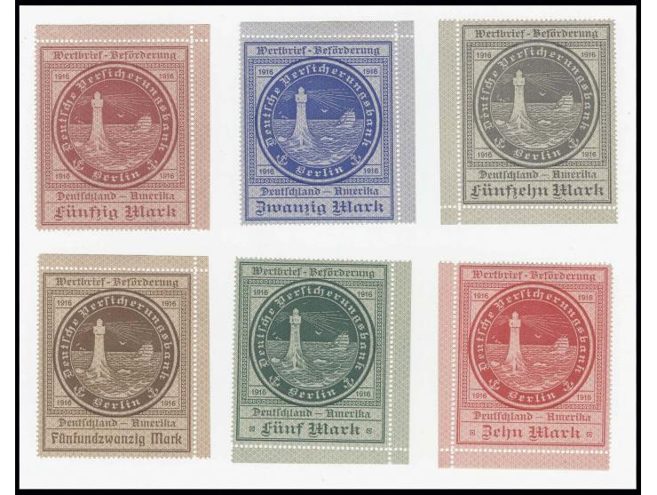 OZEANREEDEREI: 1916, I. Ausgabe 5-50 M. kpl. je aus der Bogenecke, ungebraucht mit teils stärkeren Anhaftungen, 25 M. starker
