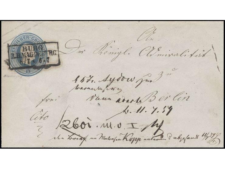 1859, Preußen-Ganzsachenumschlag 2 Sgr. mit Ra3 "BURG/R.B.MAGDEBURG/8/7" als Marine-Schiffspostbrief an die königliche Admira