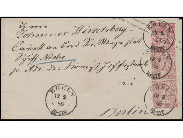 1868, NDP 1 Gr. karmin (2) als Zufrankatur auf Ganzsachenumschlag 1 Gr. mit Preußen-DKr. "EGELN 13 2 68" über königliches Hof