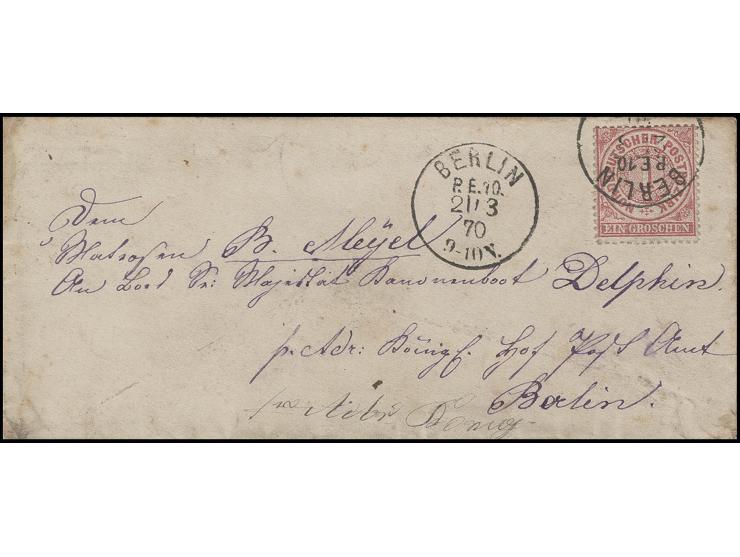 1870, NDP 1 Gr. karmin mit EKr. "BERLIN P.E.10./21/3 70" auf Brief an einen Matrosen an Bord des Kanonenboots "Delphin", über