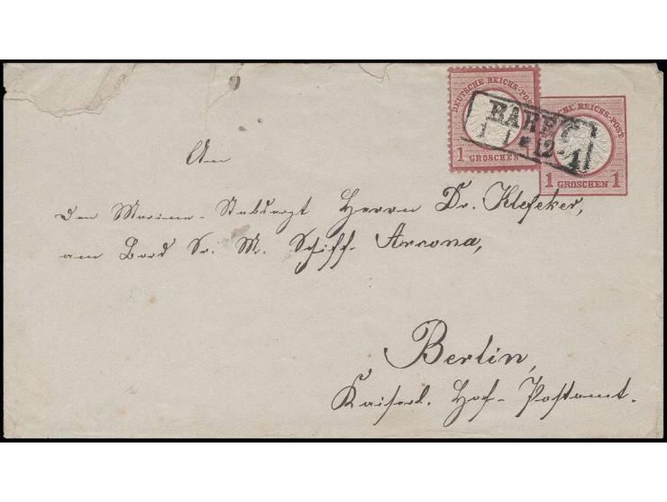 1874, Ganzsachenumschlag 1 Gr. mit 1 Gr. großer Schild mit Preußen Ra2 "BARBY/11" an Marine-Stabsarzt Dr. Klefeker an Bord S.