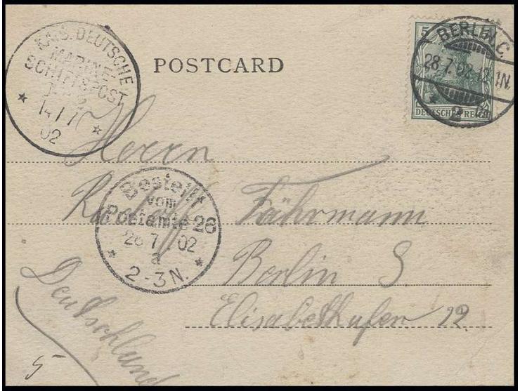 1902, Pisa-Provisorium: Karte aus Aden mit Stempel "KDMSP No. 2 14/7 02" und handschriftlich "5" nach Berlin, in Deutschland 