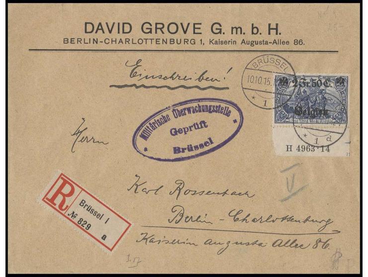 1914, 2 Fr. 50 C., Unterrandstück mit HAN "H4963.14", gestempelt "BRÜSSEL 10.10.15" auf R-Brief mit violettem Zensurstempel n