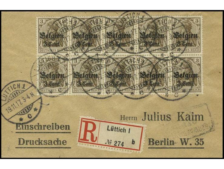 1916, 3 C.  mit Zwischenraumabstand 1,0 mm, waagerechter 10er-Block als portogerechte Mehrfachfrankatur auf eingeschriebenem 