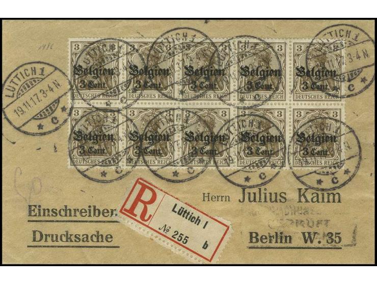 3 C. mit Zwischenraumabstand 1,0 mm (9) und 0,8 mm im waagerechten 10er-Block als portogerechte Mehrfachfrankatur auf eingesc