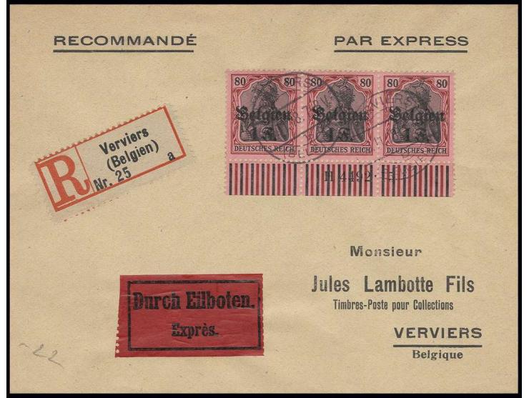1 F. im waagerechten Unterrand-3er-Streifen mit HAN "H4492", gestempelt "VERVIERS 10.11.18" auf philatelistischem Orts-R-Expr