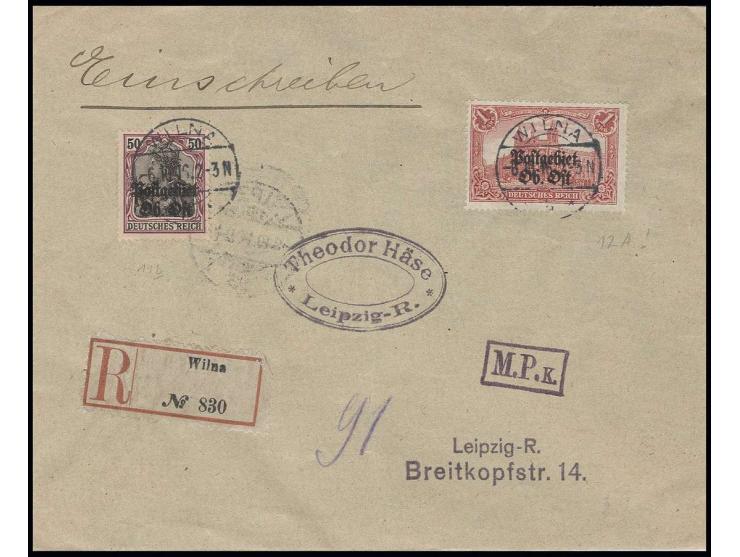 1916, 1 M. in Zähnung 26:17 mit 50 Pfg., jeweils gestempelt "WILNA 6.10.16" auf senkrecht gefaltetem R-Brief nach Leipzig mit