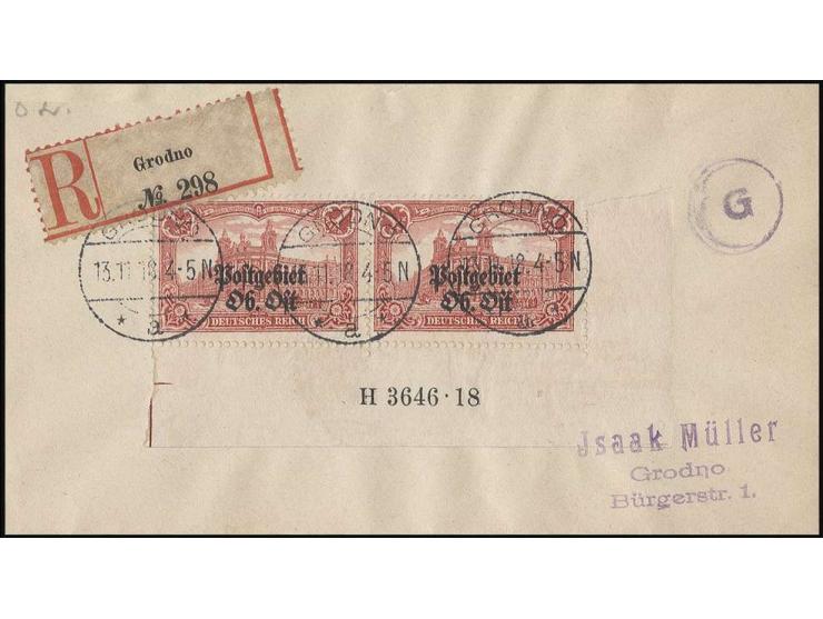 1 M. im rechten unteren Eckrandpaar mit HAN "H3646.18", gestempelt "GRODNO 13.11.18" auf philatelistischem Orts-R-Brief, Kabi