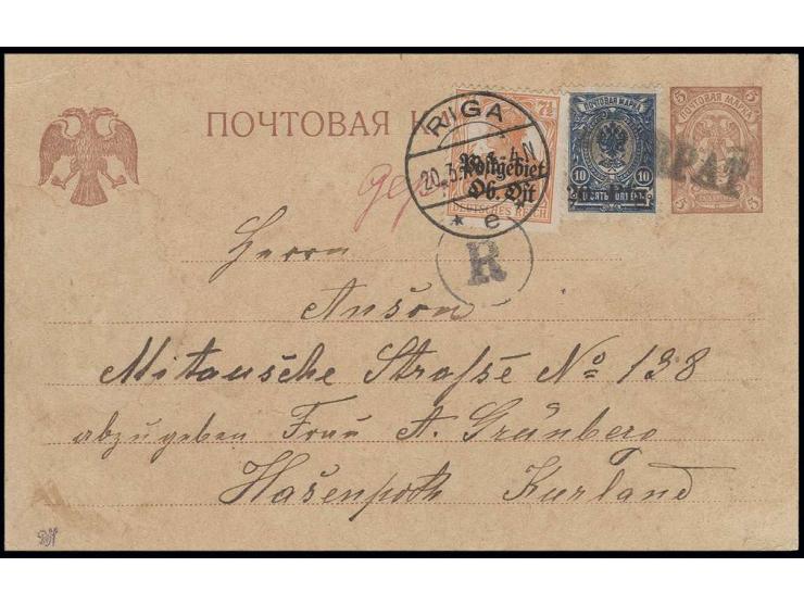1918, 20 Pf. auf 10 K. mit Zufrankatur 7½ Pfg. mit L1 "DORPAT" bzw. Tagesstempel auf Ganzsachenkarte 5 K. rotbraun nach Hasen