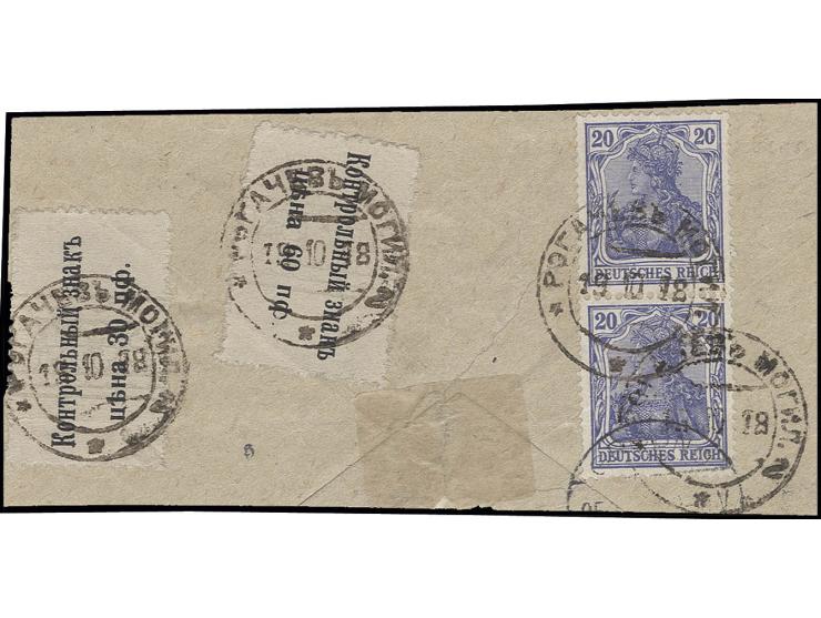 1918, 30 und 60 Pfg. mit Deutsches Reich Germania 20 Pfg. (2) auf Briefstück (gestützt) von "ROGATSCHEW 19.10.18", Pracht