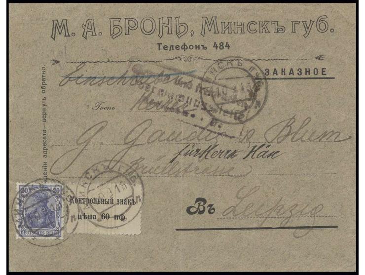 30 Pfg. und Deutsches Reich Germania 20 Pfg. auf Brief von "MINSK 10 9 18" nach Leipzig mit Zensurstempel, Beförderungsspuren