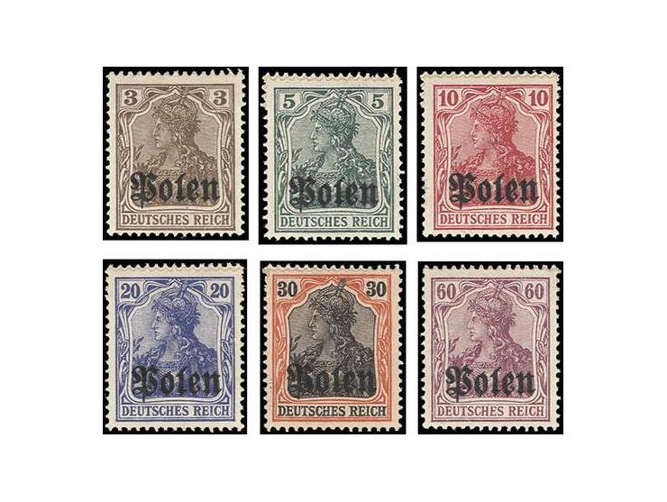 1915, Probedrucke mit Aufdruck "Polen": 3, 5, 10, 20, 30 und 60 Pfg., ungebraucht mit rückseitig 3seitig gezähntem Papierstre