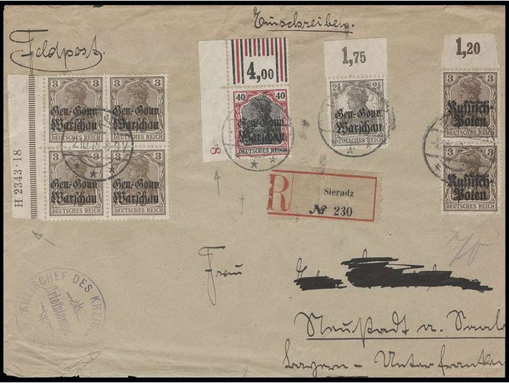 1916, 3 Pfg. im linken Rand-4er-Block mit HAN "H2343.18" mit Zusatzfrankatur auf etwas fehlerhaftem R-Brief von "SIERADZ 2.10