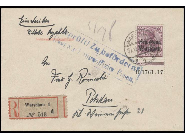 60 Pfg., Unterrandstück mit HAN "H1761.17" auf portogerechtem R-Express-Brief von "WARSCHAU 22.12.17" nach Potsdam mit vorder