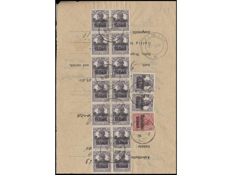 1918, 15 B auf 15 Pfg. schwärzlichgrauviolett, waaagerechtes Paar, 4er und 10er-Block sowie 10 B. auf 10 Pfg. rückseitig auf 