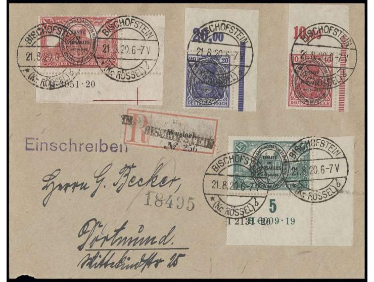 1920, 1 und 1,25 M., jeweils rechtes unteres Eckrandstück mit HAN "H3951.20" bzw. "H6009.19" mit Zusatzfrankatur 10 und 20 Pf