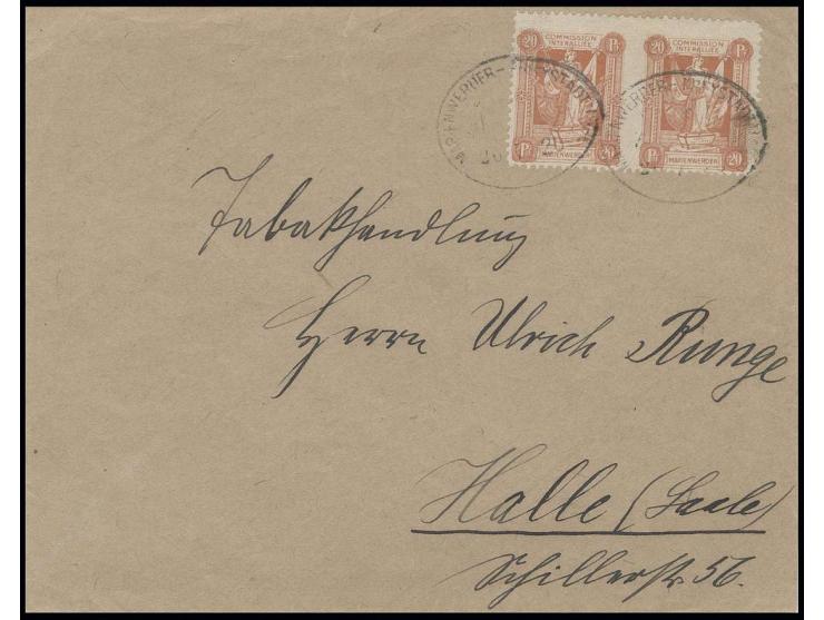 20 Pfg. im waagerechten Paar, in der Mitte ungezähnt, entwertet mit Bahnpoststempel "MARIENWERDER-FREYSTADT 20.7.20" auf port